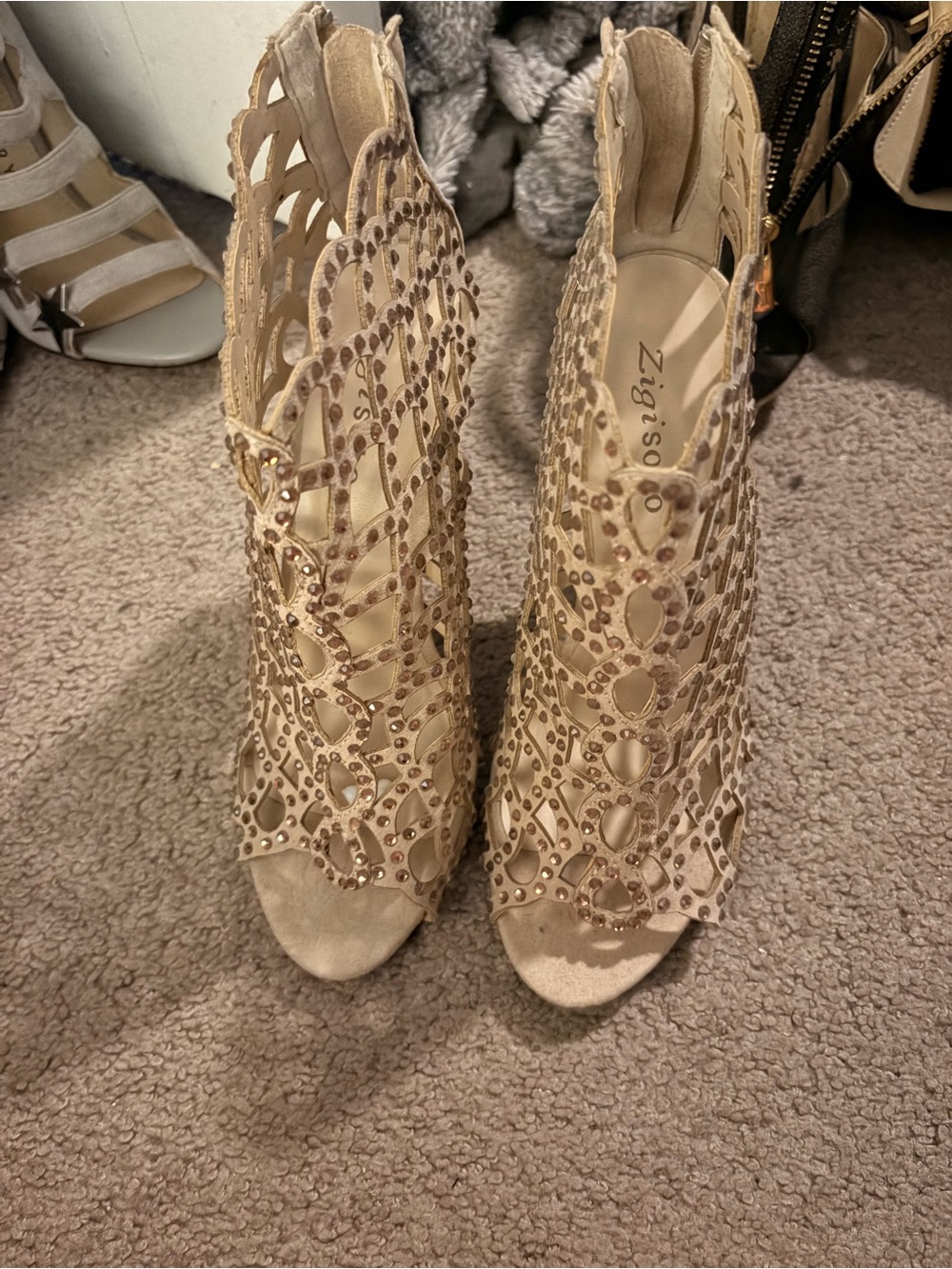 Zigi Soho Nude Cutout Peep-Toe Heeled Booties with Stud Accents
